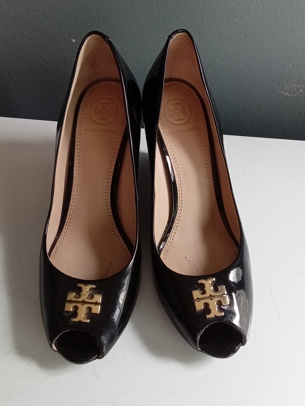 Tory Burch Black Patent Peep-Toe Pumps with Gold Logo Accent